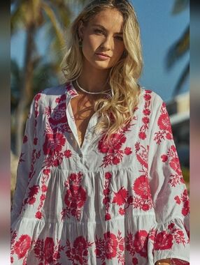 PQ Swim Feminine Boho Embroidered Bell Sleeve Dress Coverup Size M/L